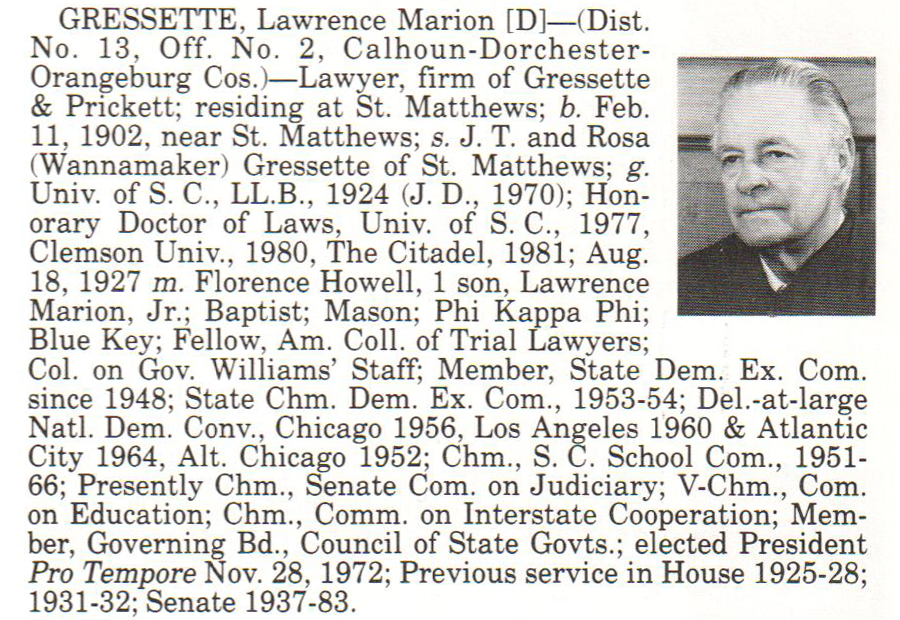 Senator Lawrence Marion Gressette biography