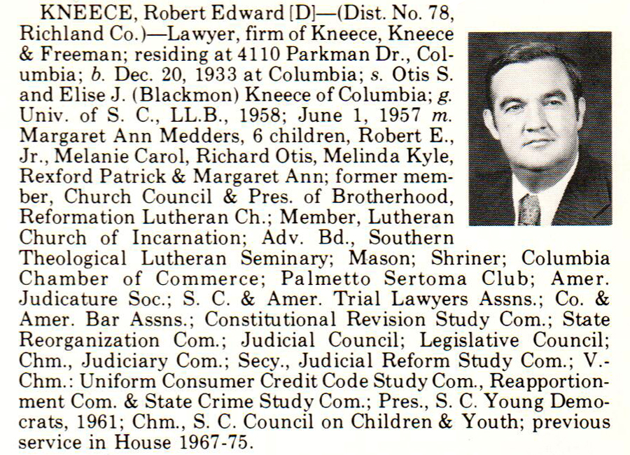 Representative Robert Edward Kneece biography