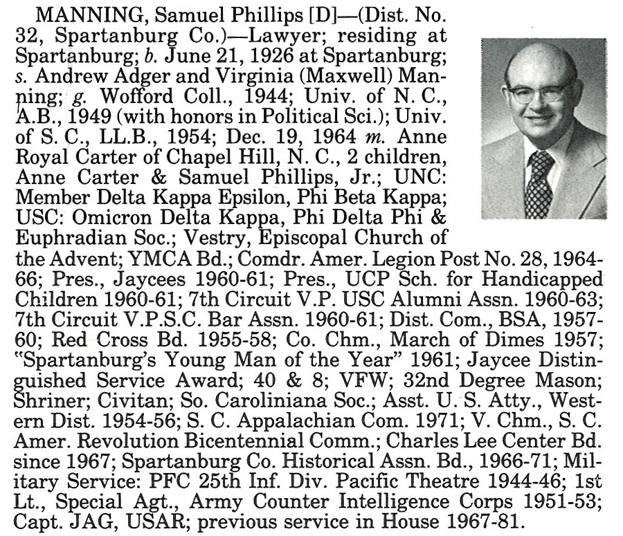 Representative Samuel Phillips Manning biography