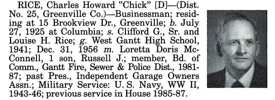 Representative Charles Howard "Chick" Rice biography
