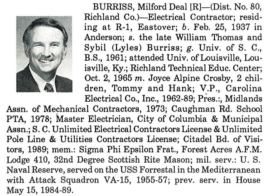 Representative Milford Deal Burriss biography