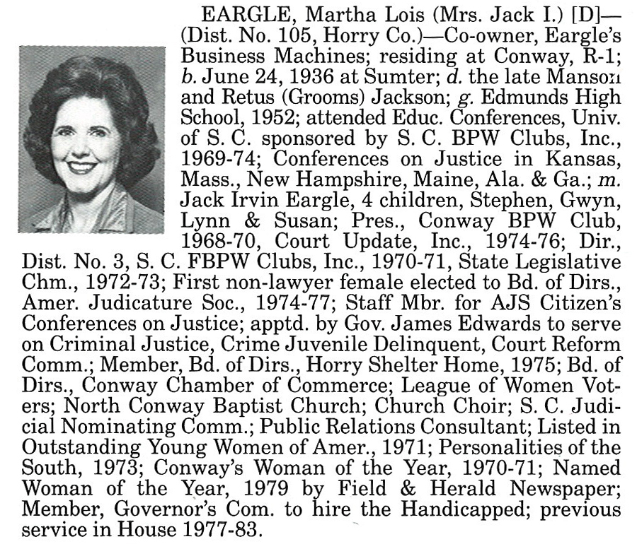 Representative Martha Lois Eargle biography