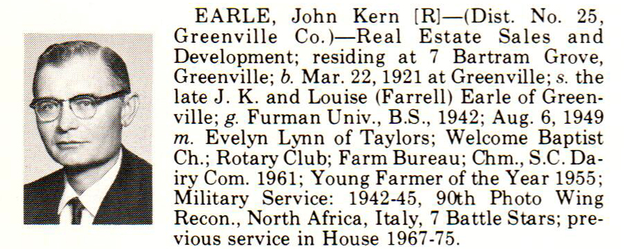 Representative John Kern Earle biography
