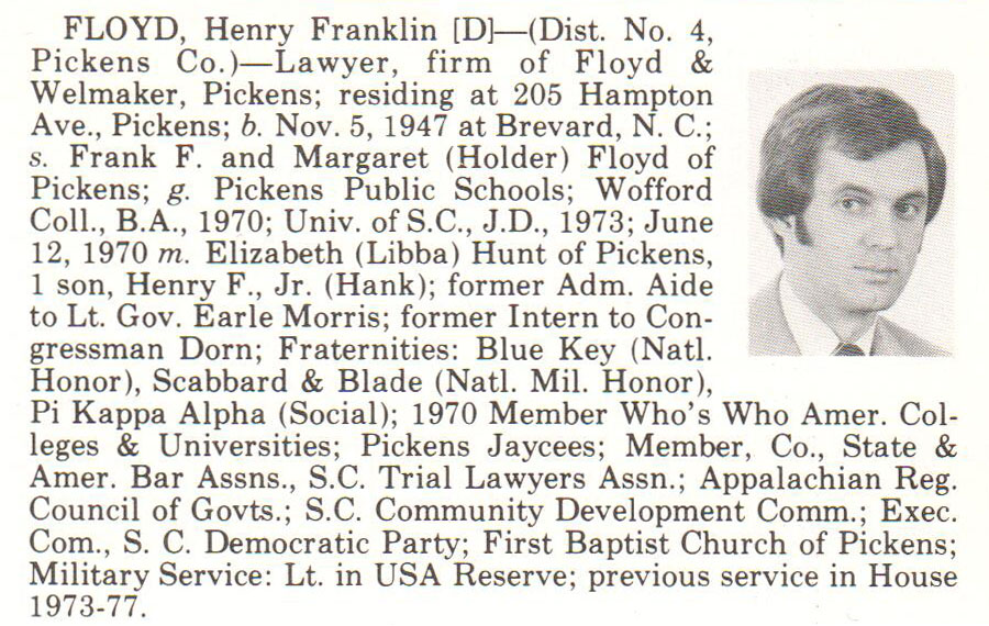 Representative Henry Franklin Floyd biography