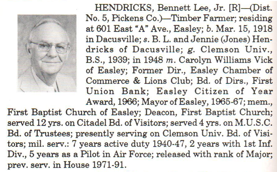 Representative Bennett Lee Hendricks, Jr. biography