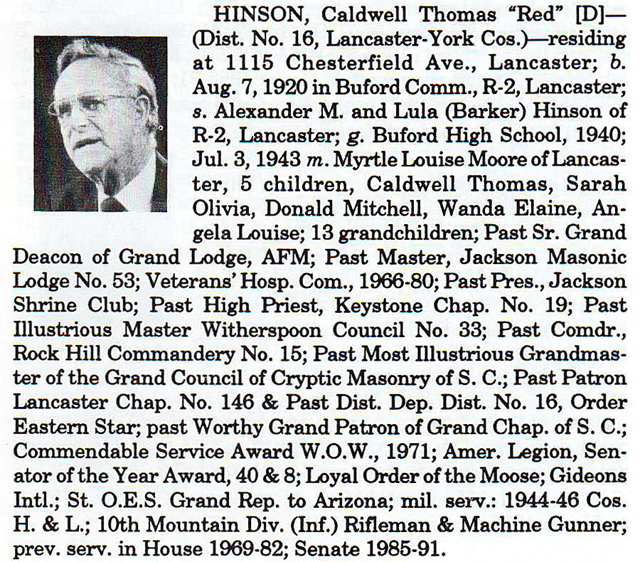 Senator Caldwell Thomas "Red" Hinson biography